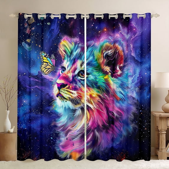 Cute Lion 30%-50% Blackout Curtains Purple Galaxy Curtains & Drapes, Rainbow Butterfly Curtains Kawaii Kitten Black Out Curtains, Univers Glitter Stars Window Drapes