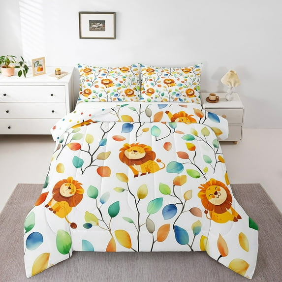 Cute Lion Full Comforter Set Hippie Floral Bedding Set, Chic Flower Bedding Comforter Sets Watercolor Leaves Duvet Set, Woodland Wildlife Quilted Comforter