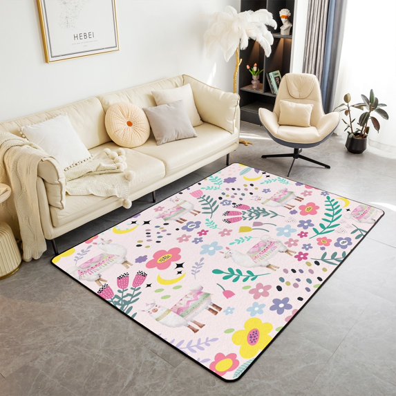 Erosebridal Cute Llama Area Rug ,Floral Llama Rug for Living Room 3x5,Colorful Vintage Doodle Flower Tulip Area Rugs,Cartoon Indoor Floor Mat Non Shedding
