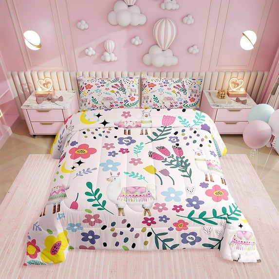 Cute Llama Comforter Set ,Floral Llama Bedding for Full Bed,Colorful Vintage Doodle Flower Tulip Down Alternative,Cartoon Duvet Insert with 2 Pillowcases