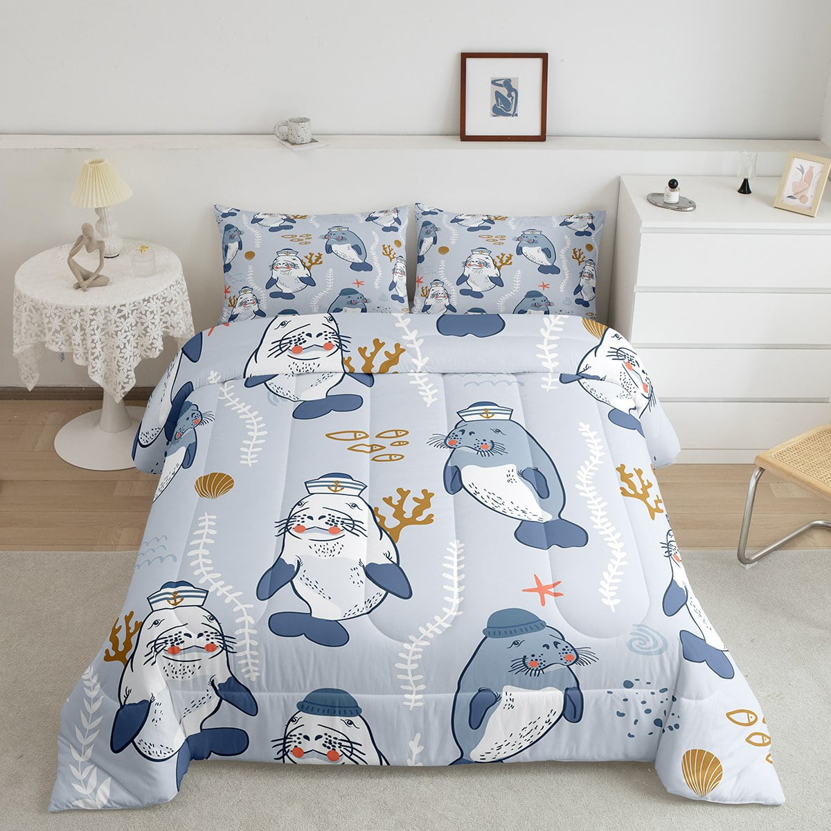 YST Cute Manatees Comforter Set Full, Sailor Caps Bandanas Bedding For