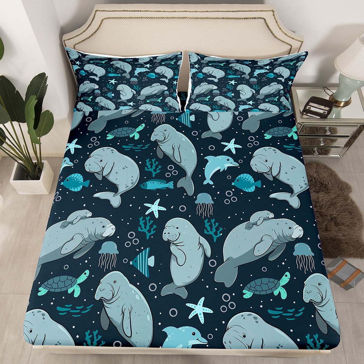 YST Cute Manatees Fitted Sheet Queen Size, Marine Fishes Bed Sheets For