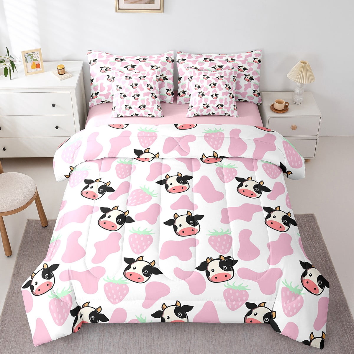 YST Cute Milk Cow Queen Comforter Set Kawaii Strawberry Cow Print ...