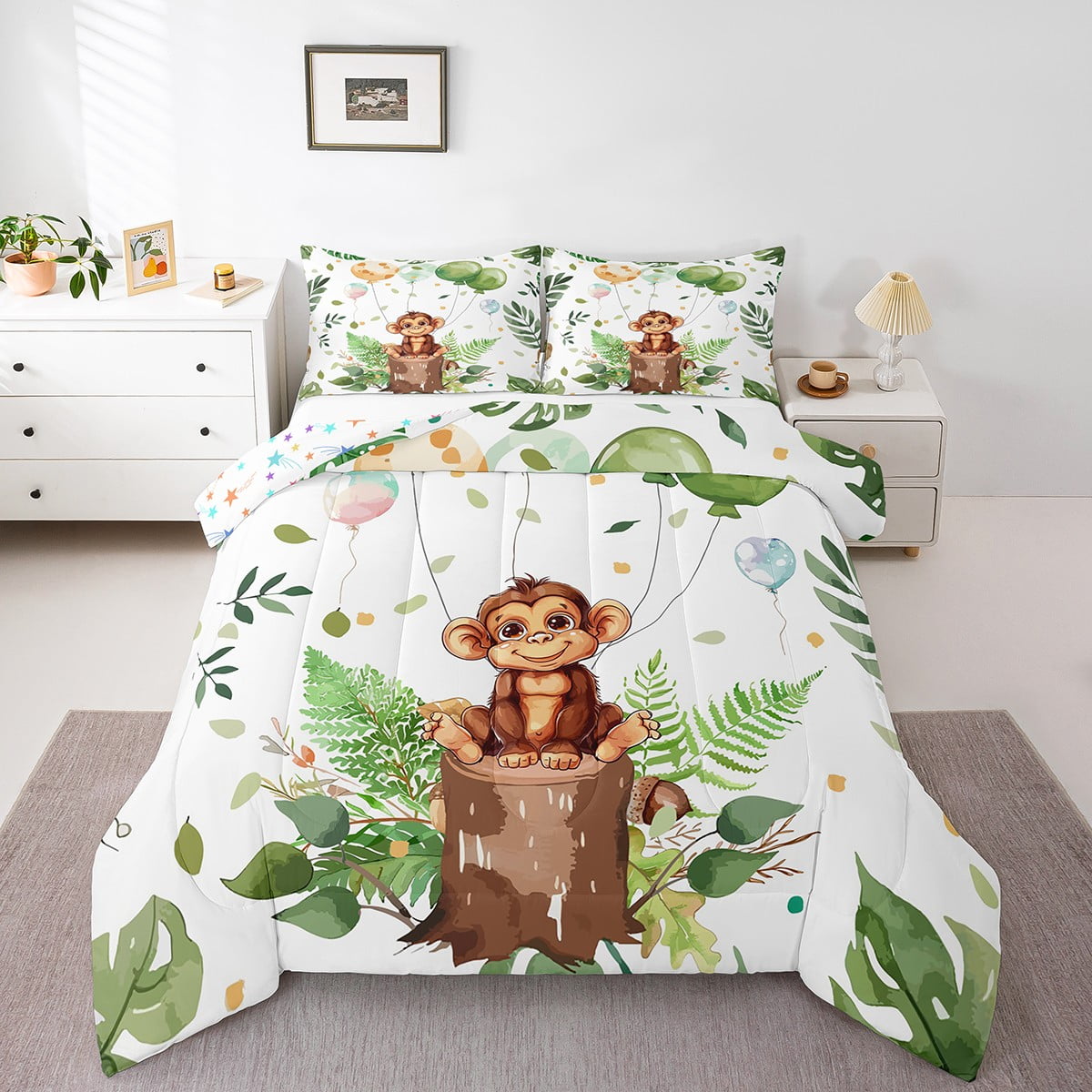 YST Cute Monkey Kids Comforter Sets King Cartoon Balloon Monkey Bedding ...
