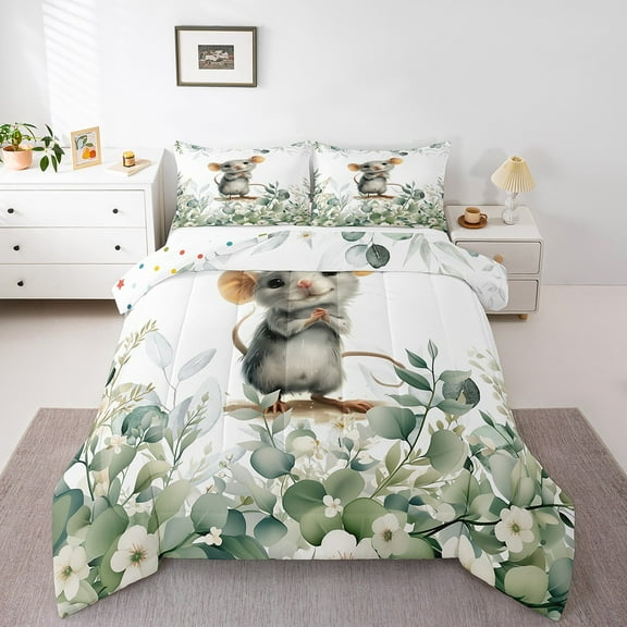 Erosebridal Cute Mouse Twin Comforter Set Green Eucalyptus Bedding Set Twin, Kawaii Animal Bedding Comforter Sets Botanical Plant Leaves Duvet Set, Cartoon Mice Quilted Comforter