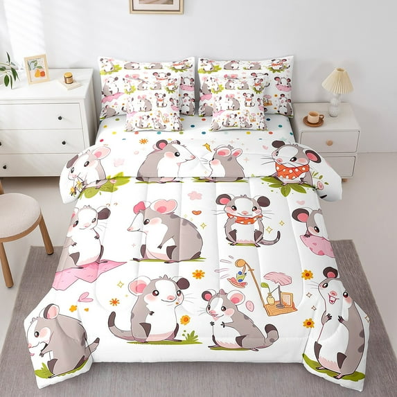 Cute Opossum Bed in a Bag 7pcs Funny Mouse Bedding Set, Kawaii Animal Twin Size Comforter Set Groovy Floral Flower Bedding Comforter Sets, Cartoon Wildlife Bed Set