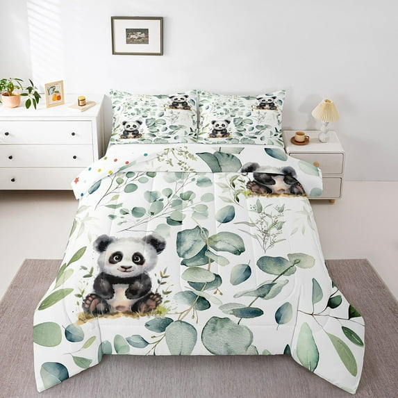 Cute Panda Bedding Green Eucalyptus Comforter Set, Woodland Animal Duvet Insert Plant Leaves Quilt Comforter, Cartoon Wildlife Bear Bedding Comforters & Sets