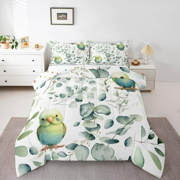 Cute Parrot Twin Bedding Sets Green Eucalyptus Comforter Set, Wild Animal Bird Bedding Comforter Sets Botanical Plant Leaves Duvet Insert, Cartoon Wildlife Down Comforter