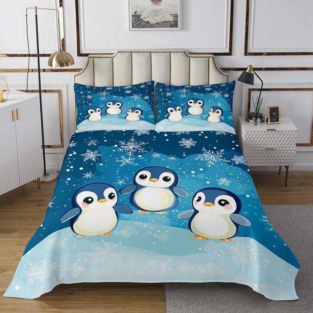 YST Cute Penguin Twin Quilt Bedding Set,Blue Winter Snowflake Bedspread