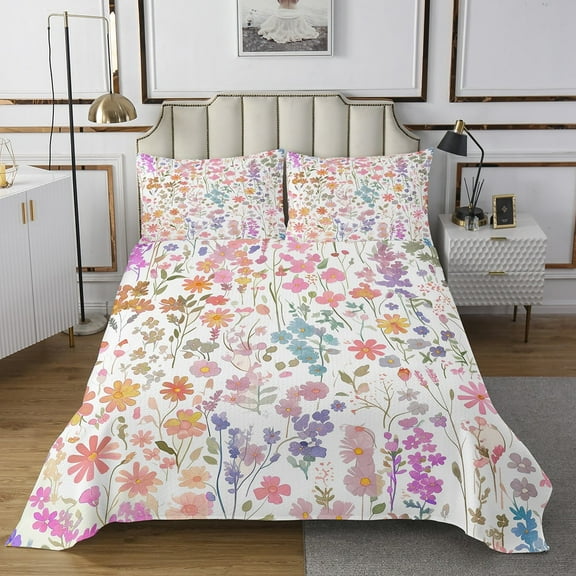 Cute Pink Floral King Bedspread Women,Colorful Boho Flower Quilt Bedding Set Farmhouse Home Decor,Watercolor Wildflower Quilt Bed Set Rustic Flowers Coverlet Set 3Pcs