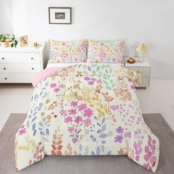 Cute Pink Floral Comforter Set Women ,Watercolor Wild Flower Bedding Set Boho Bedroom Decor,Rustic Country Flowers Quilt Bed Set Wildflower Bed Comforter Set 2Pcs