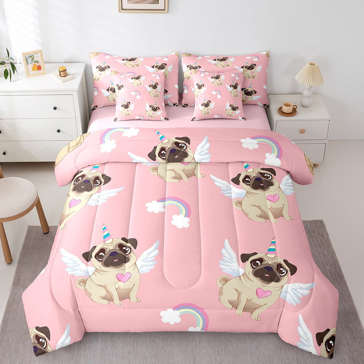 YST Cute Pug Comforter Set King Size 7 Piece Dog Rainbow Bed In A Bag For Kids Girls Cartoon Animal Puppy Bedding Set Pink Pug Bed Sheets Set With