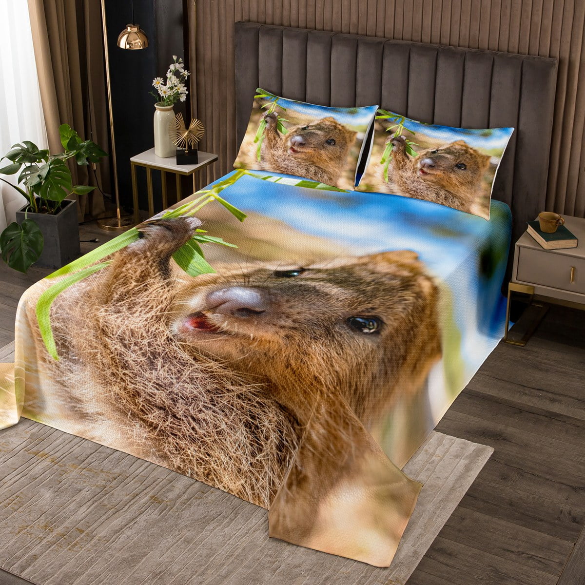 YST Cute Quokka Coverlet Queen Size Green Leaves Bedding Set, Australia