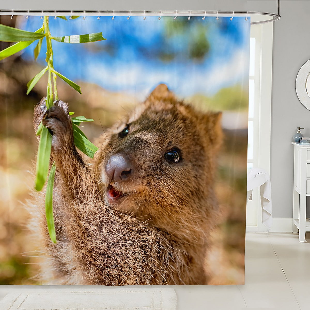 YST Cute Quokka Shower Curtain Green Leaves Waterproof Bathroom Curtain
