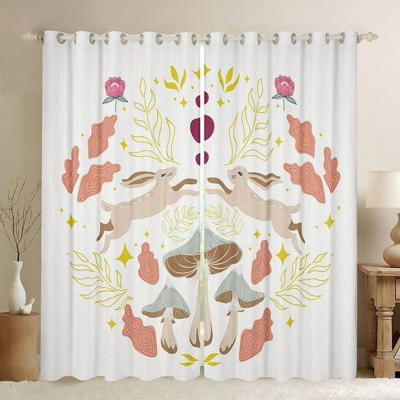 Cute Rabbit 30%-50% Blackout Curtains,Wild Mushroom Animal Jungle Plants Rustic Curtains & Drapes ,Cartoon Flowers Curtains 42x63 inch,Glitter Stars Moon Window Curtains,White