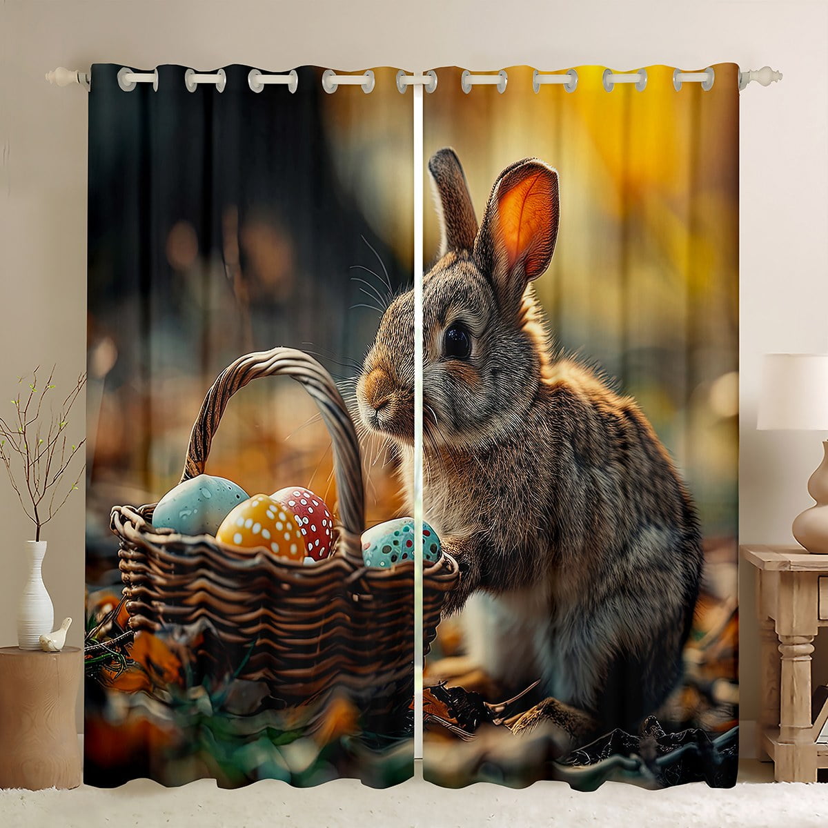 YST Cute Rabbit Curtains for Girls Boys Easter Eggs Decor Blackout ...