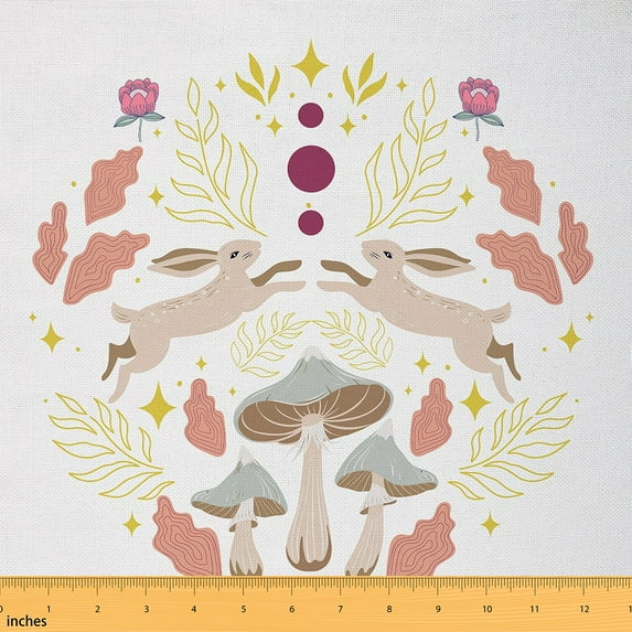 Erosebridal Cute Rabbit Fabric by The Yard,Wild Mushroom Animal Jungle Plants Rustic DIY Waterproof Fabric,Cartoon Flowers Upholstery Fabric,Glitter Star Moon Decorative Fabric,White,3 Yards