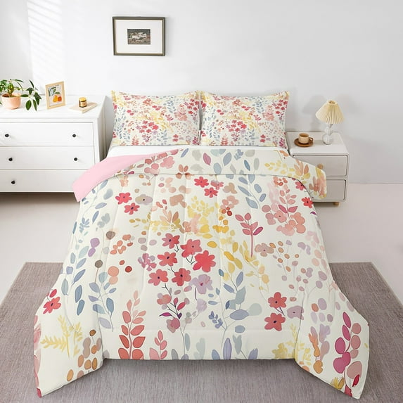 Erosebridal Cute Red Floral Comforter Set King Size,Boho Colorful Flower Bedding Set Bedroom Decor,Watercolor Wild Flowers Quilt Bed Set Rustic Wildflower Bed Comforter Set 3Pcs