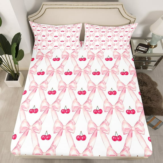 Cute Ribbon Bow Bedding Set,Pink Kawaii Cherry Bed Sheets Teen Women Bedroom Decor Full,Watercolor Bow Fitted Sheet Abstract Bowknot Grids Sheets 3 Pcs