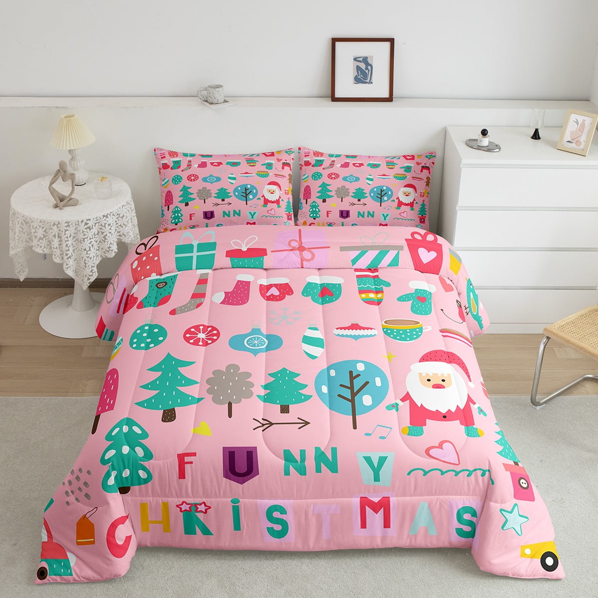 YST Cute Santa Claus Bedding Set For Kids Boys Girls Pink Christmas