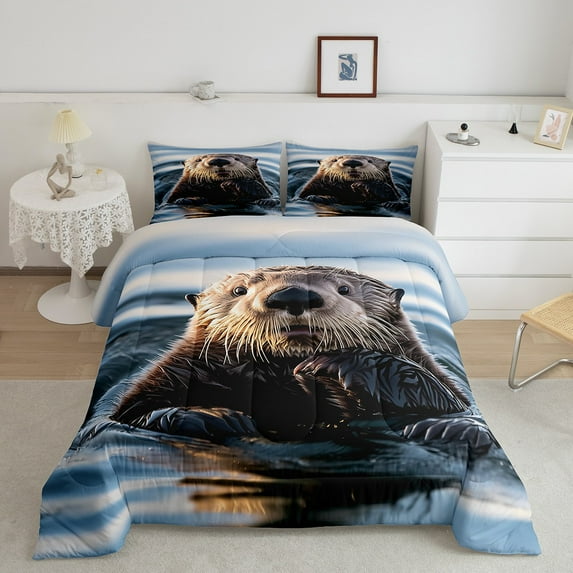 Cute Sea Otter Bedding Set Twin Size,3D Sea Otters Comforter Set for Otter Lovers Gift,Ocean Life Duvet Insert,Kawaii Sea Otter Down Comforter Bedroom Decor Soft Warm,2 Piece