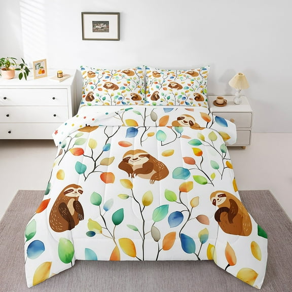 Cute Sloth Twin Bedding Sets Hippie Floral Comforter Set, Chic Flower Bedding Comforter Sets Watercolor Leaves Duvet Insert, Woodland Wildlife Down Comforter
