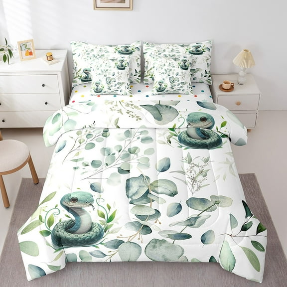 Cute Snake Bed in a Bag 7-Piece Green Eucalyptus Bedding Set, Wild Animal Twin Size Comforter Set Botanical Plant Leaves Bedding Comforter Sets, Cartoon Wildlife Bed Set