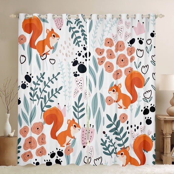 Cute Squirrel Curtains for Bedroom,Cartoon Squirrel Curtains Blackout,Love Heart Leaves Flowers Curtains,Paw Print Wildlife Animal Window Curtains 2 Panels 38"Wx54"L