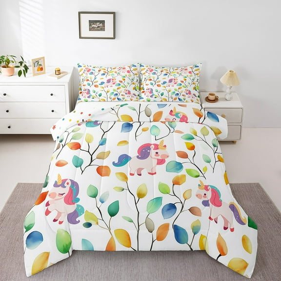 Cute Unicorn Twin Bedding Sets Hippie Floral Comforter Set, Chic Flower Bedding Comforter Sets Watercolor Leaves Duvet Insert, Magic Wildlife Down Comforter