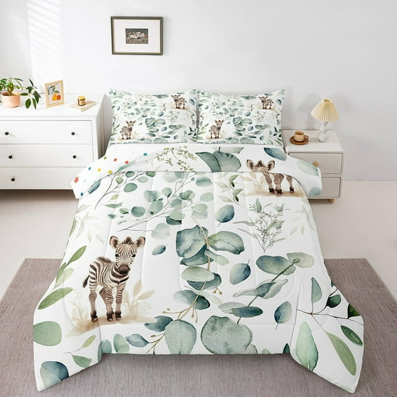 Cute Zebra Bedding Twin Size Green Eucalyptus Comforter Set Twin, Woodland Animal Wildlife Duvet Insert Plant Leaves Quilt Comforter, Cartoon Horse Bedding Comforters & Sets