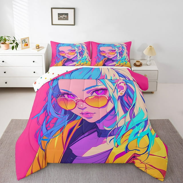 Erosebridal Cyber Anime Bedding Japanese Cool Full Bed Comforter Set, Virtual Reality Future Street Culture Comforter Set Funky Surrealism Girly Bedding, 1 Comforter 2 Pillowcases