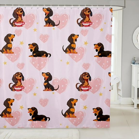 Dachshund Shower Curtain for Bathtubs,Cute Dog Bathroom Curtain 72"Wx72"L inch,Cartoon Puppy Fabric Shower Curtain Set,Pink Love Heart Waterproof Bathroom Curtains