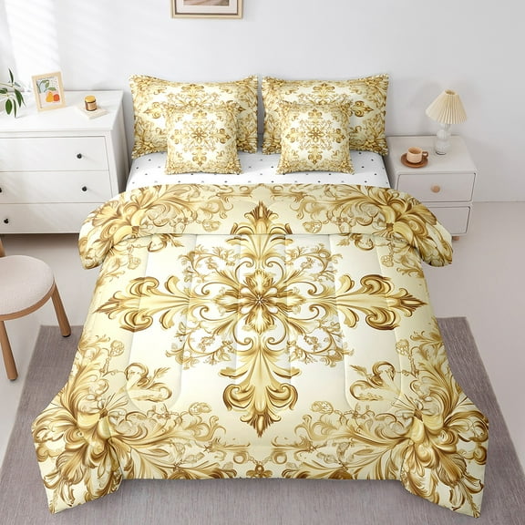 YST Damask Comforter King Size Botanical Exotic 7 Pieces Bedding Set Luxury European Sheet Set Vintage Paisley Floral Flat Sheet For Girls Woman Adults Room Decor,Golden Yellow
