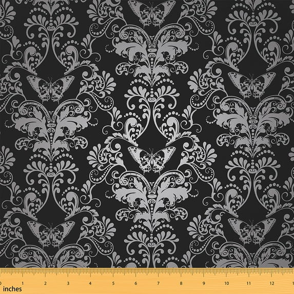 Damask Decorative Fabric 5 Yards,Ombre Butterflies Upholstery Fabric,Gothic Vintage Floral Fabric By The Yard,Antique Victorian Baroque Indoor Outdoor Fabric,Craft Patchwork,Soft Warm