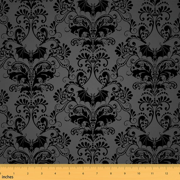 Dark Black Damask Fabric By The Yard 1 Yard,Black Bat Upholstery Fabric,Vintage Floral Decorative Fabric For Adult Teens,Antique Victorian Baroque Fabric,Waterproof Art