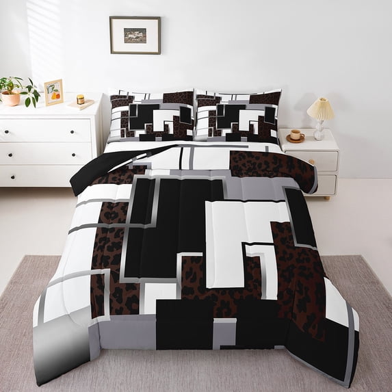 Dark Brown Cheetah Print Bedding Set Black Silver Gray Abstract Geometric Comforter Set Queen Adults Men,Leopard Grids Down Comforter Wildlife Check Bed Set Room Decor