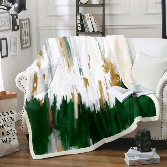 Dark Green Blanket Watercolor Graffiti Throw Blanket for Bed, Striped Oil Painting Sherpa Blanket Aesthetic Modern Fleece Blanket, Ombre Brush Marks Contemporary Fuzzy Blanket