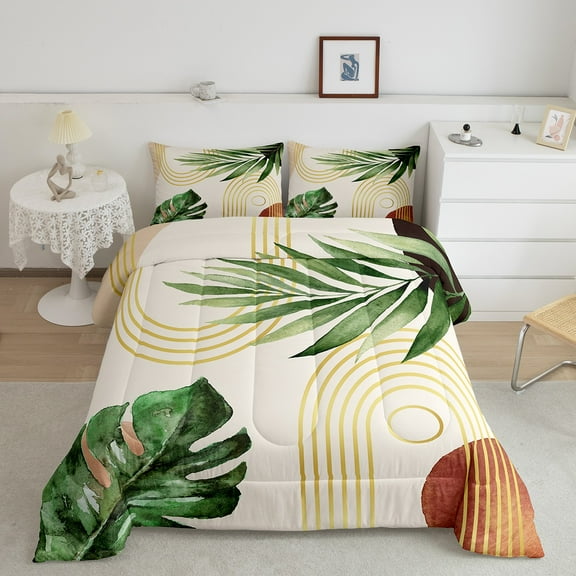 Dark Green Boho Comforter Set Full Tropical Botanical Bedding Set Abstract Mid Century Banana Palm Leaf Bedding Comforter Sets Bohemian Nature Plant Leaves Quilt Duvet Home Room Decor