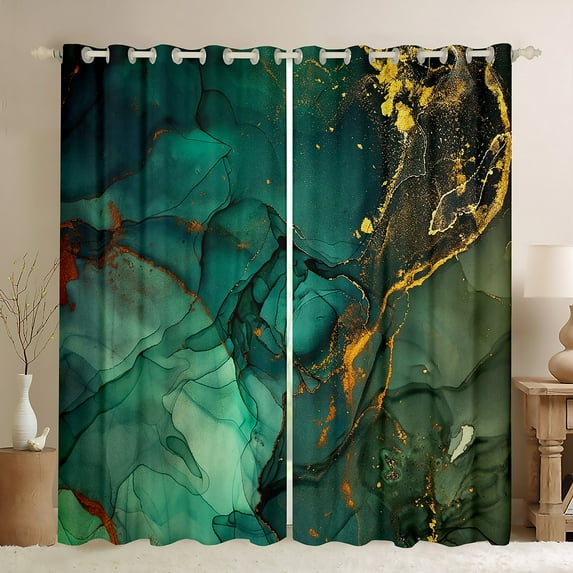YST Dark Green Marbling Curtains Aqua Turqoise Blackout Curtains, Abstract Geometry Curtains & Drapes Gold Metallic Glitter Bedroom Curtains, Watercolor Foil Print Window Treatments Home Decor