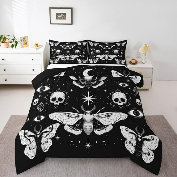 Death Moth Bedding Set King Size, Halloween Skull Comforter Set Gothic Spooky Bedding Comforter Sets Starry Sky Exotic Quilt Teens Adult Women Room Decor, Black White
