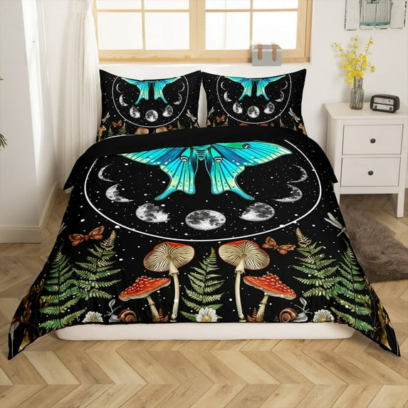 YST Death Moth Comforter Cover Hippy Mushroom Bedding Set, Boho Moon Phase Duvet Cover Twin Bohemian Bedding, Luxury Vintage Quilt Cover Chic Butterfly Dragonfly Bedspread Cover Soft Cozy,2Pcs