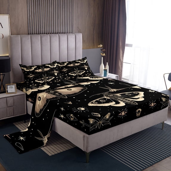 Death Moth Queen Sheets, Halloween Skull Decor Sheet Set 4Pcs Teens Adult, Gothic Spooky Bed Sheets Starry Sky Sun Moon Bedding Set With 2 Pillow Cases, Black Gold