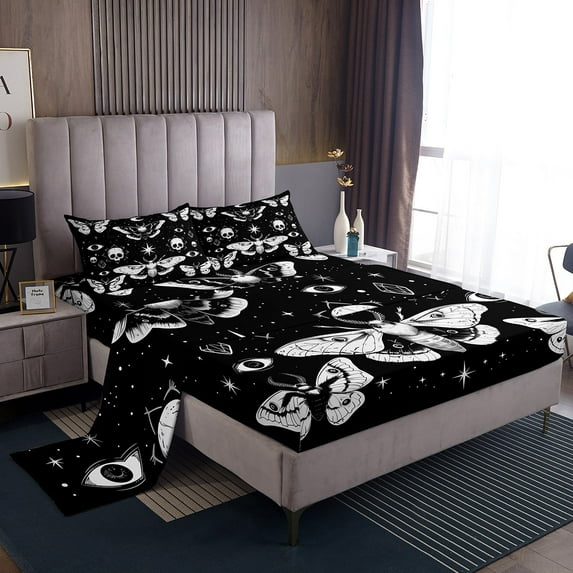 Death Moth Sheet Set Full Size, Halloween Skull Bed Sheets Gothic Spooky Sheets Starry Sky Exotic Fitted Sheet Teens Adult Women Room Decor, Black White