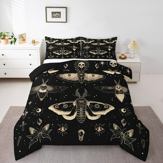 Erosebridal Death Moth Twin Comforter Set, Halloween Skull Decor Quilt 2Pcs Teens Adult, Gothic Spooky Bedding Set Starry Sky Sun Moon Quilted Duvet With 1 Pillow Case, Black Gold