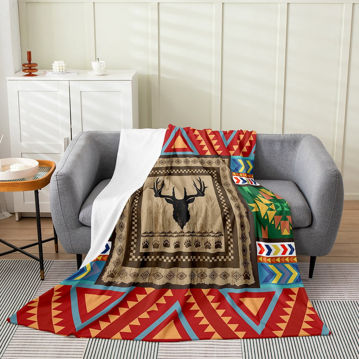 YST Deer Antlers Throw Blanket Twin Size Aztec Farmhouse Style Flannel Fleece Blanket Country