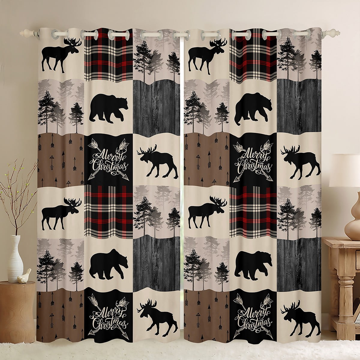Blackout Curtains 63 Inch Length Black Bear Plaid Blackout Curtains -  Rustic Cabin Thermal Insulated Drapes (2 Panels, 45\, image size:1200x1200