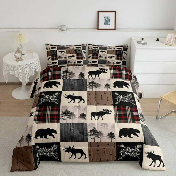 Erosebridal Deer Bear Comforter Set 2Pcs, Country Wild Animal Bedding Set Twin Size Teens Adult Men Bedroom Decor, Retro Farmhouse Patchwork Down Comforter Cabin Rustic Lodge Quilt