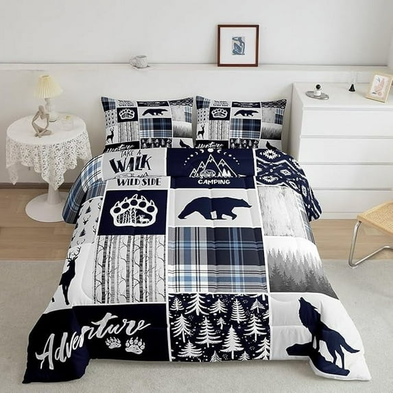 Deer Bear Comforter Set King Size,Wolf Hunting Adventure Rustic Bedding Set Adults Room Decor,Geometric Plaids Patchwork Down Comforter,Blue Xmas Duvet Insert
