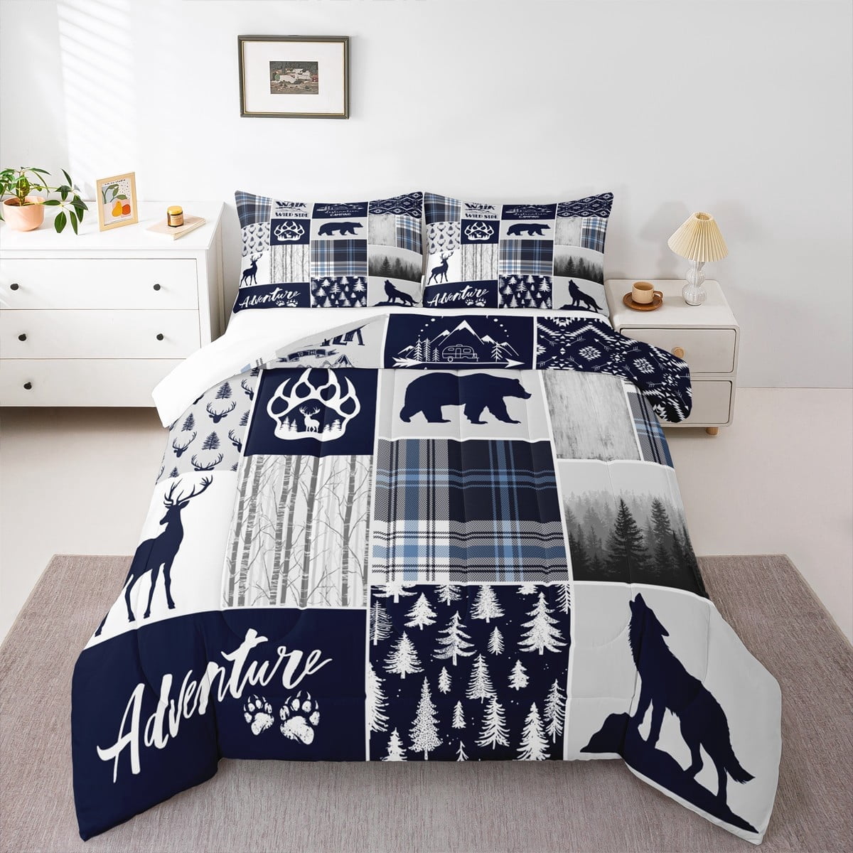 Deer Bear Comforter Set Twin Size,Wolf Hunting Adventure Rustic Bedding Set Adults Room Decor,Geometric Plaids Patchwork Down Comforter,Blue Xmas Duvet Insert