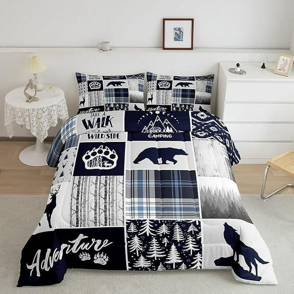 Deer Bear Comforter Set Twin Size,Wolf Hunting Adventure Rustic Bedding Set Adults Room Decor,Geometric Plaids Patchwork Down Comforter,Blue Xmas Duvet Insert